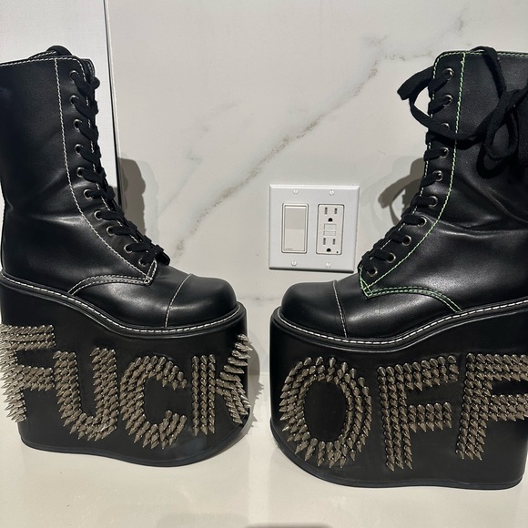 Dolls Kill Never Censored F off Black Platform Boots with Studs - Picture 2 of 11